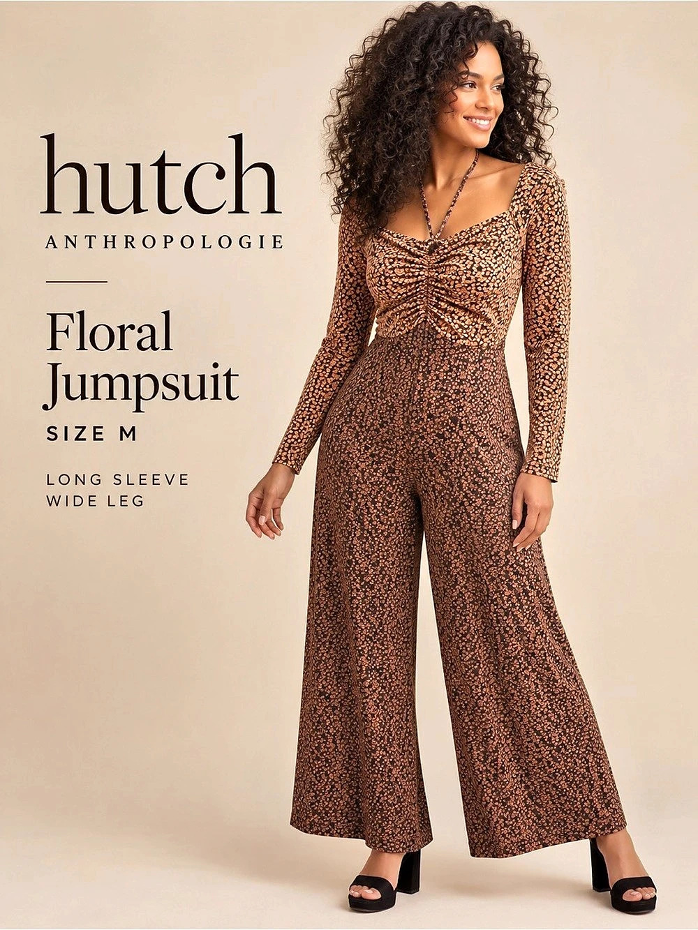 Anthropologie Hutch Floral Copper Ruched Wide Leg Jumpsuit Size M